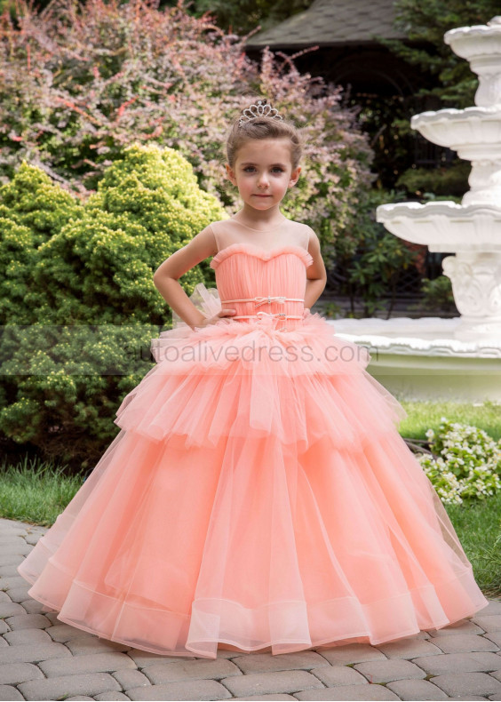 Peach Tulle Corset Back Layered Long Flower Girl Dress Peach Tulle Corset Back Layered Long Flower Girl Dress